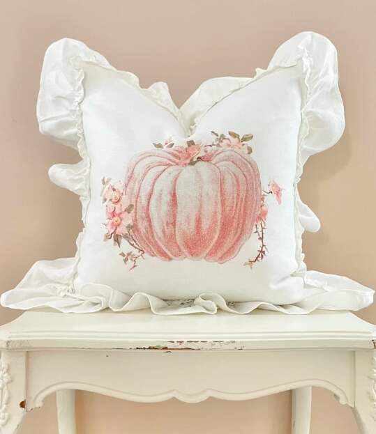 Vintage Inspired Linen Pillow Cover With Pink Pumpkin & Flowers