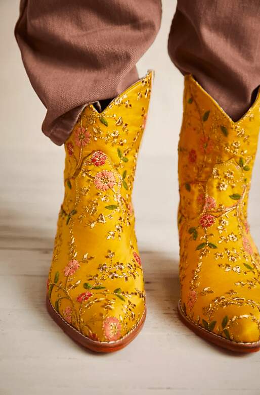 Flower Embroidered Yellow Cowboy Ankle Boots, 