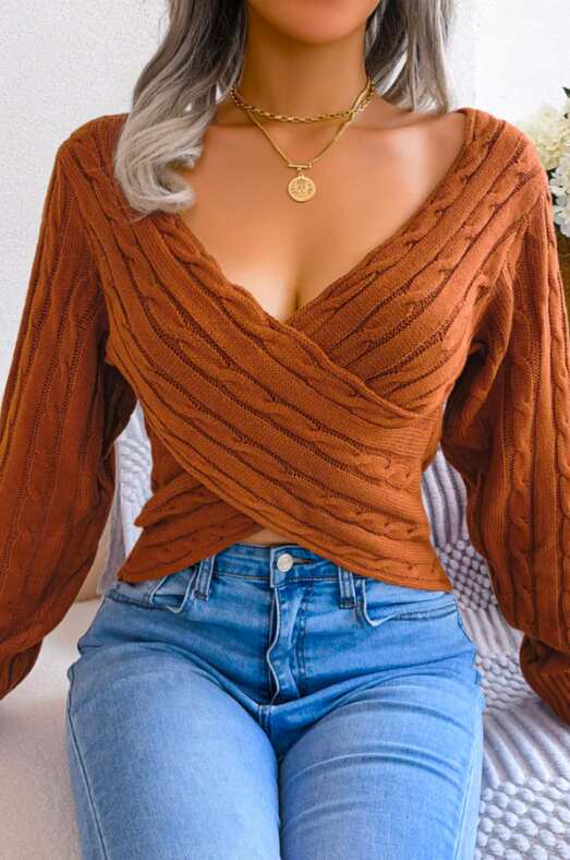 Long Sleeve Cable Knit Crossed Sexy sweater