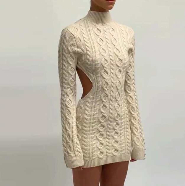 Fall / Winter Twist Knitted Long Sleeve Backless Mini Dress