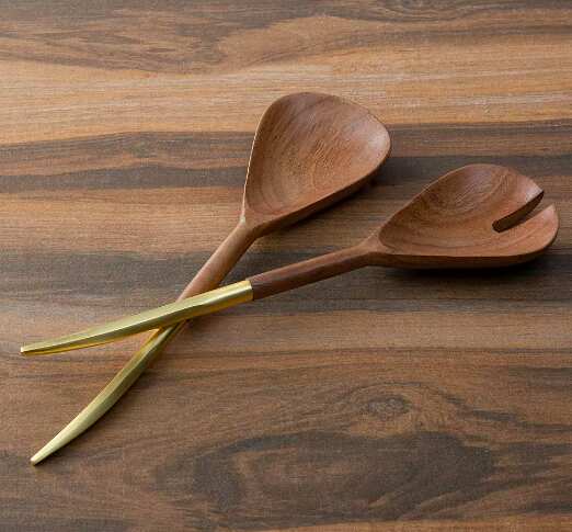 Wooden Salad Servers with Gold-Tone Handle