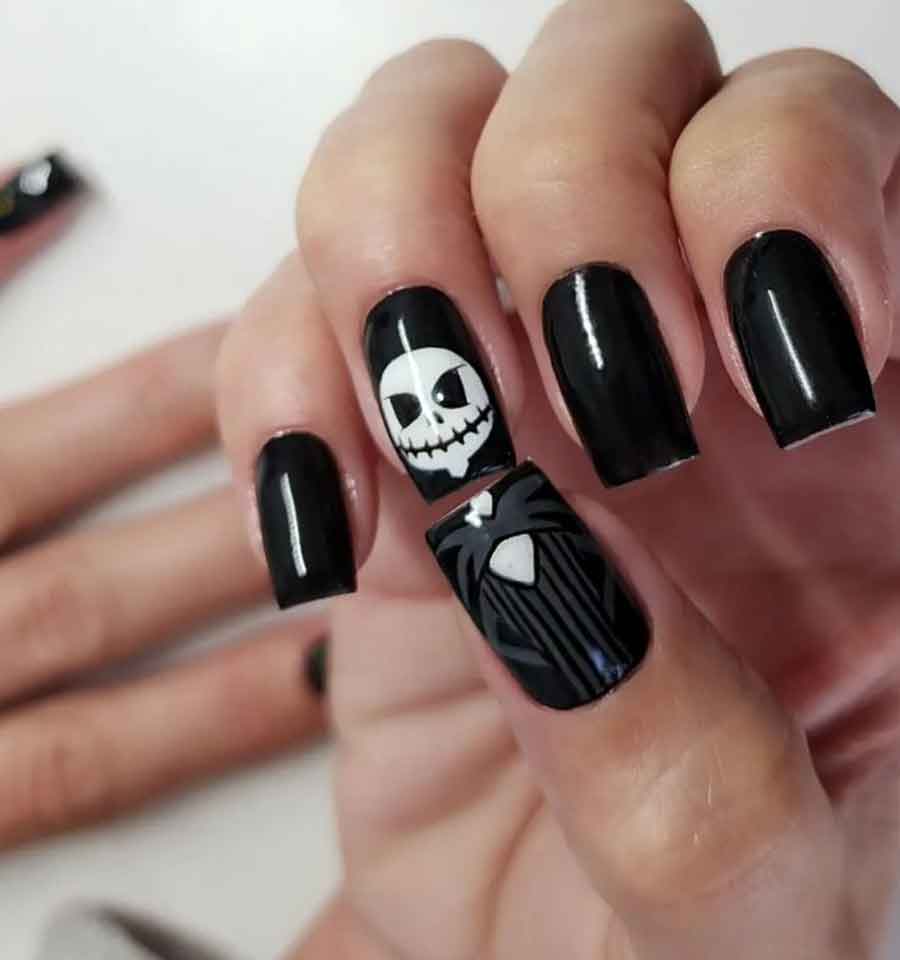black and white jack skeleton halloween nail art