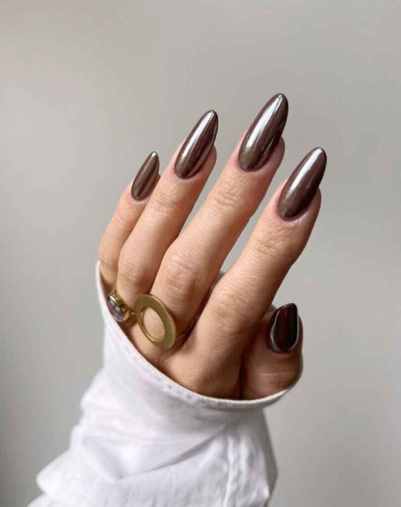 brown chrome hailey bieber glazed donuts nails