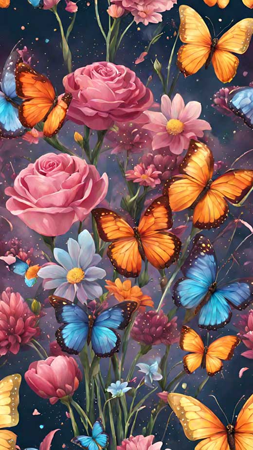 colorful beautiful flower art illustration with butterflies for spring wallpaper for iphone