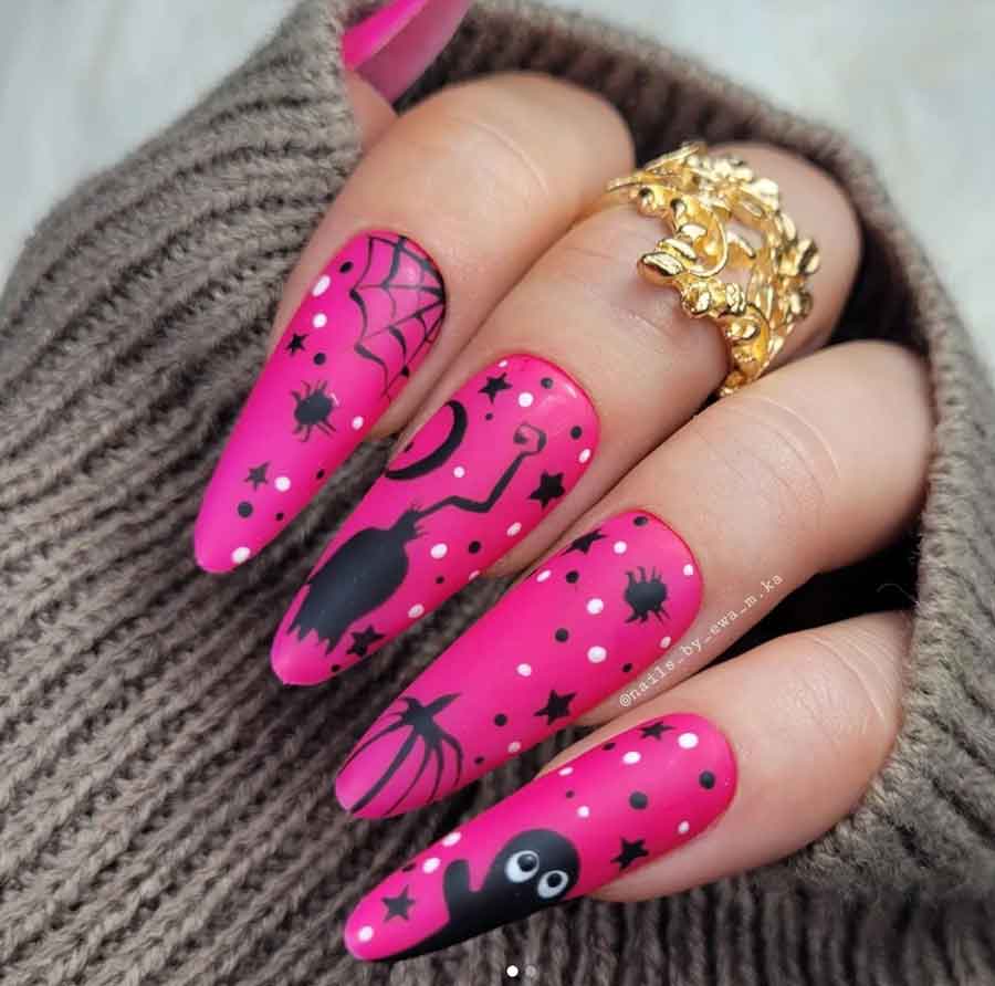 black and pink long halloween nail