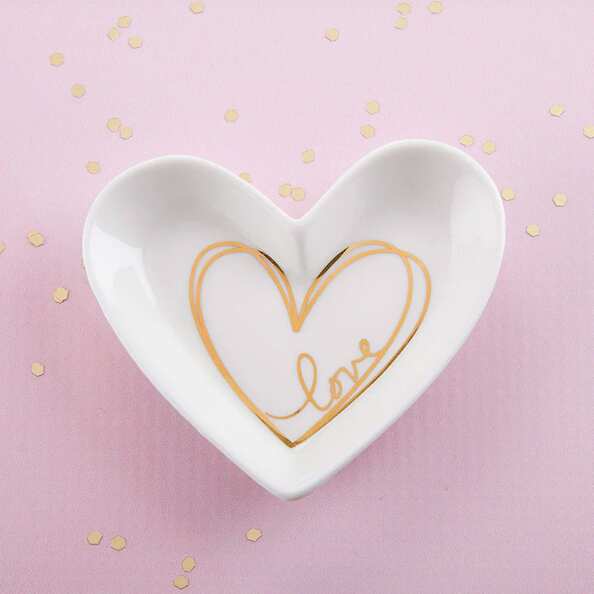 Cute Cheap Gift  For Her - White and Gold Heart Shaped Trincket Dish