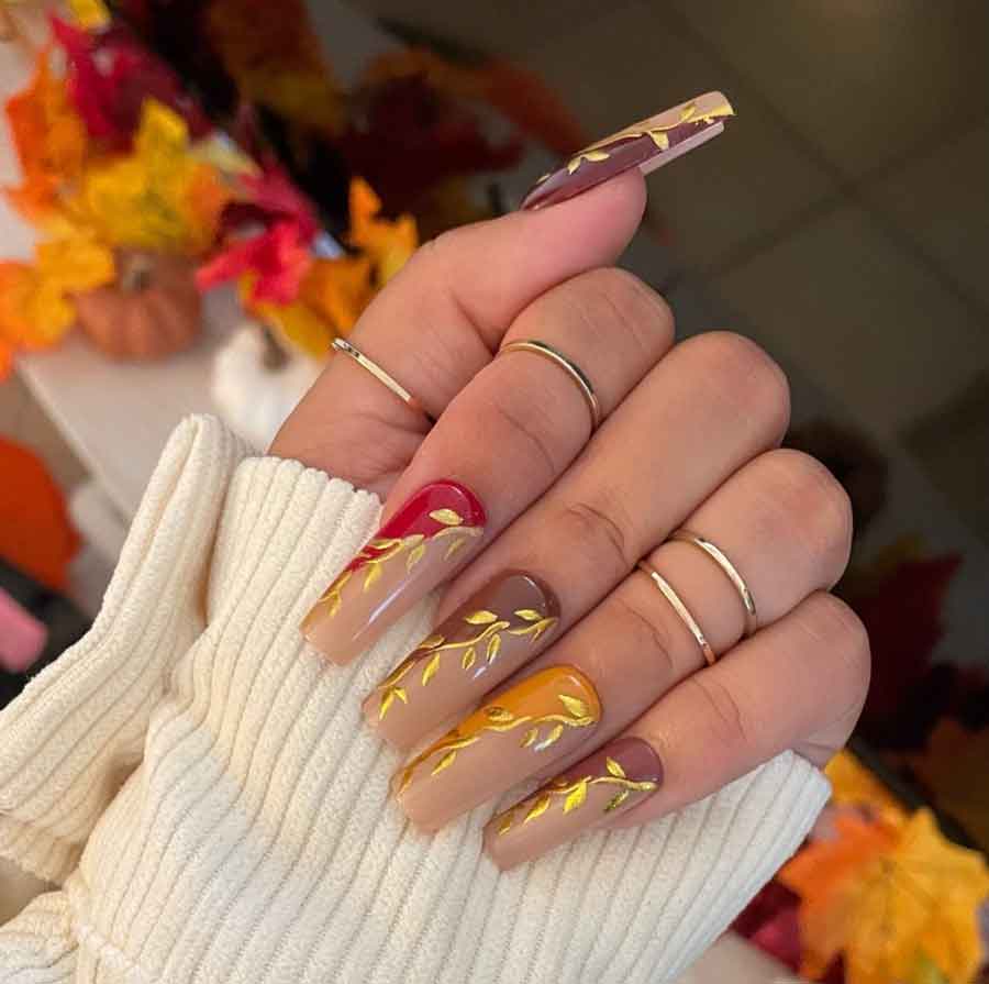 coffin thanksgiving nail design ombre with gold