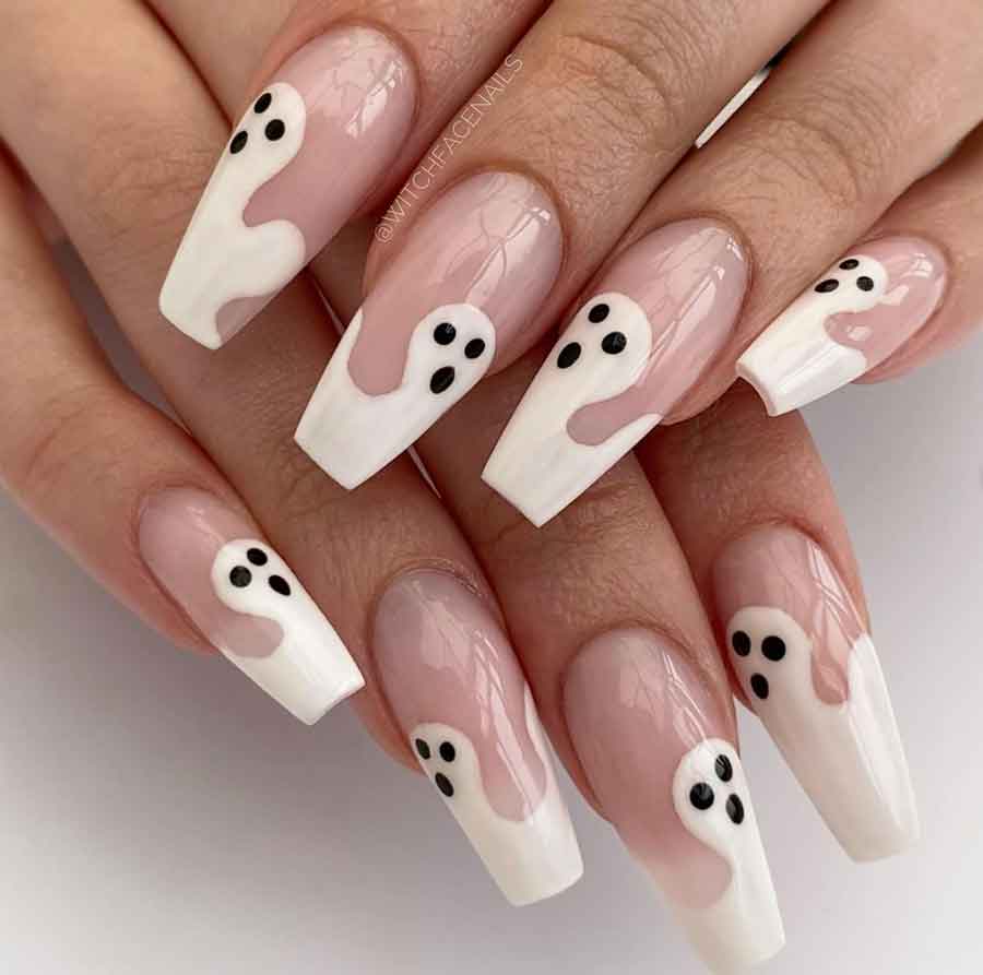 white coffin halloween nails ghost design
