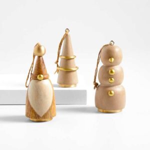 Brass & Wood Christmas Tree Ornaments, Set of 3