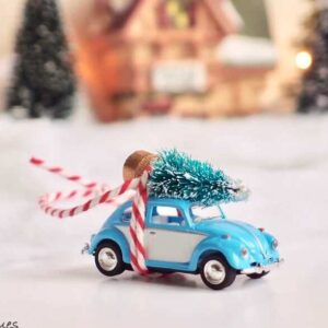 Classic car Christmas ornament, blue green small car with tree on top