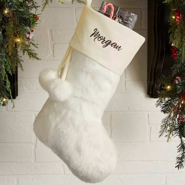Embroidered Faux Fur White Christmas Stocking