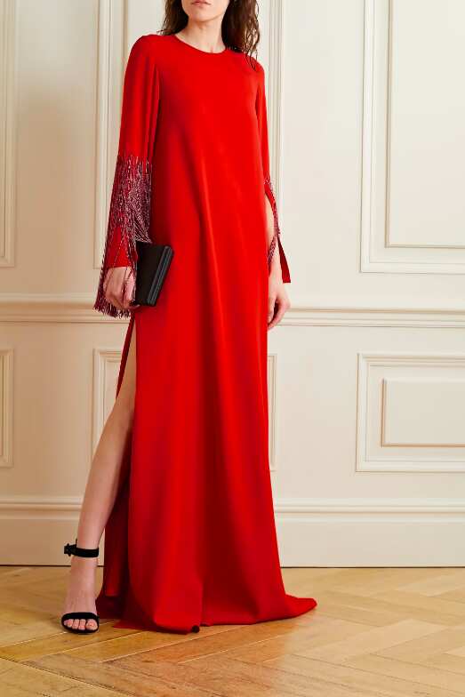 Fringed embellished silk-blend gown, Oscar de la Renta