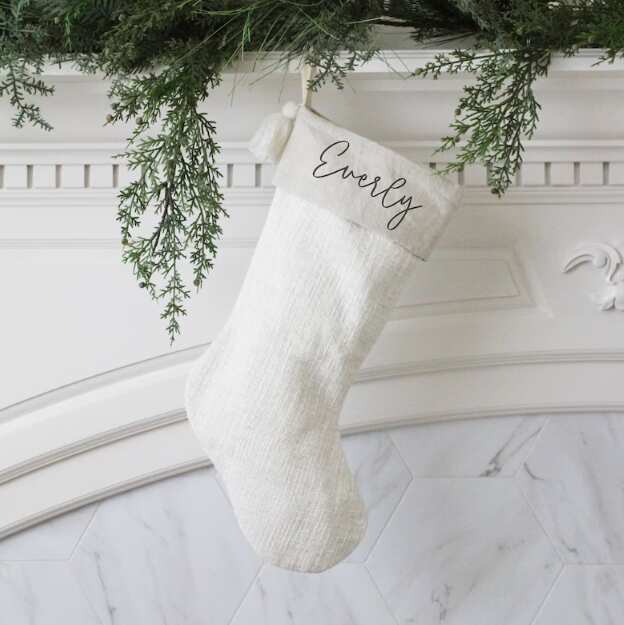 Personalized White Linen Christmas Stocking With Tassel