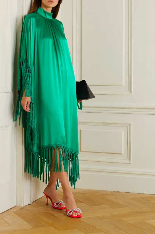 Green Tasseled silk-blend Classy satin  Christmas gown, Andrew GN