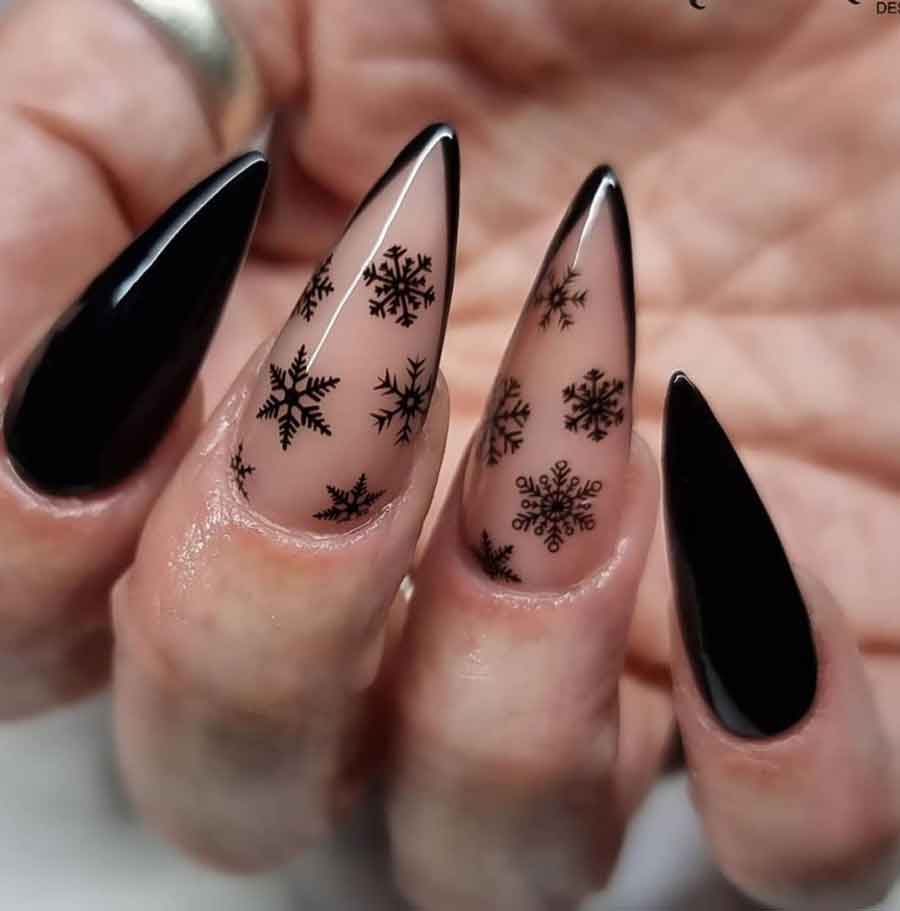 black snowflake goth christmas nails