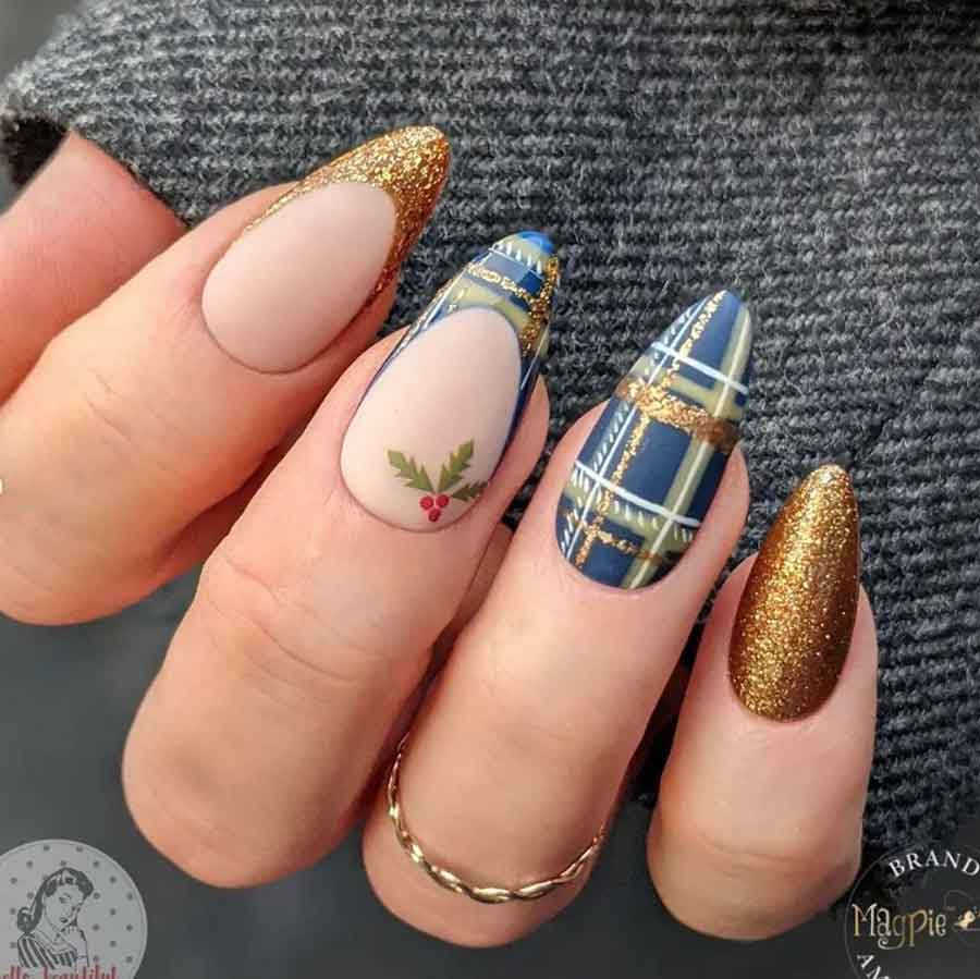 blue and gold christmas nails