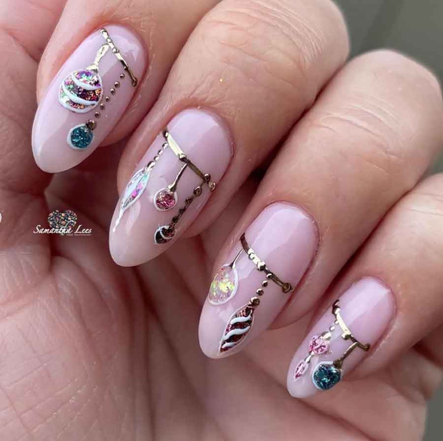 christmas nail design ornament almond