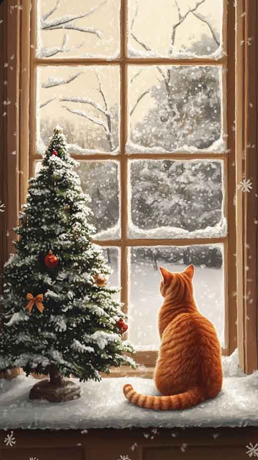 cozy snow vintage aesthetic christmas tree and cat wallpaper for iphone