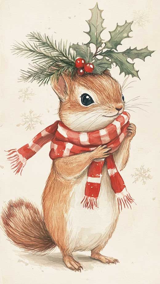 cute aesthetic vintage woodland cottagecore christmas wallpaper of winter squirrel