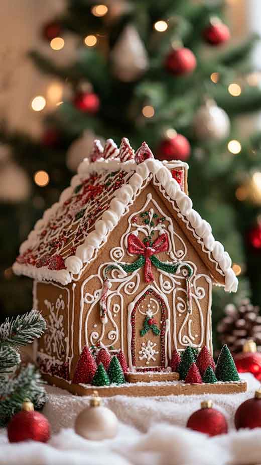 traditional gingerbread house green and red christmas wallpaper