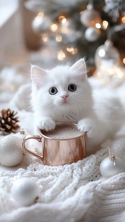 minimalist white and beige cozy christmas kitten wallpaper for iphone