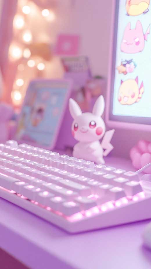 neon cute girly gamer setting purple pink pikachu wallpaper aesthetic for iphone