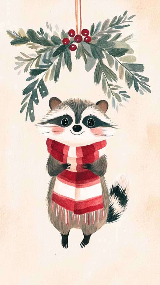 cute raccoon vintage woodland christmas wallpaper for iphone