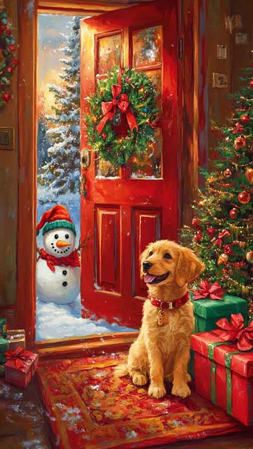 vintage aesthetic wallpaper of christmas with dog and snowman