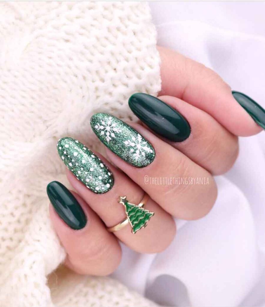 dark green christmas nails with snowflakes