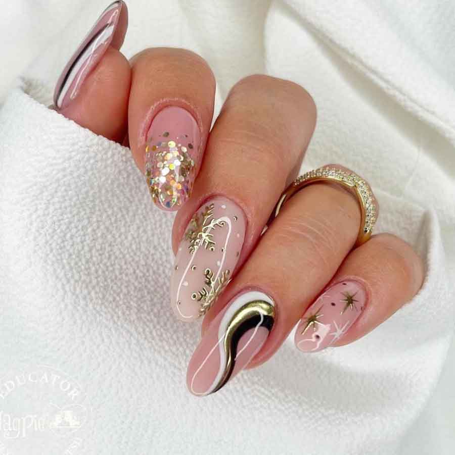 elegant almond gold christmas nails