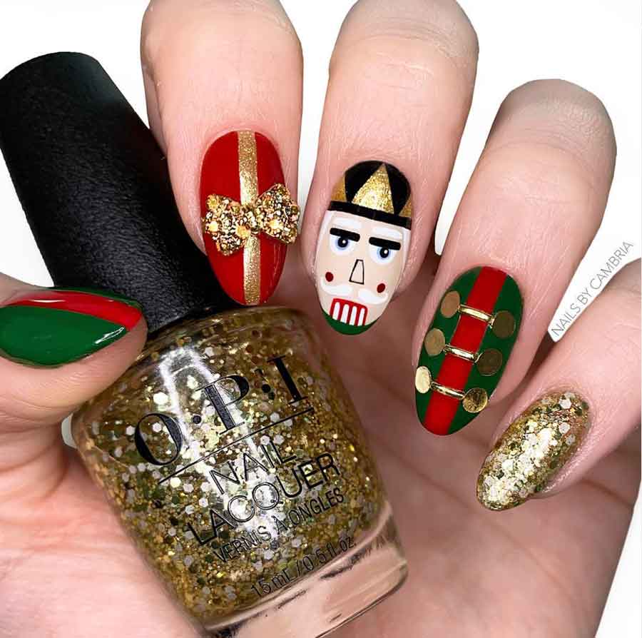 festive red green gold christmas nails