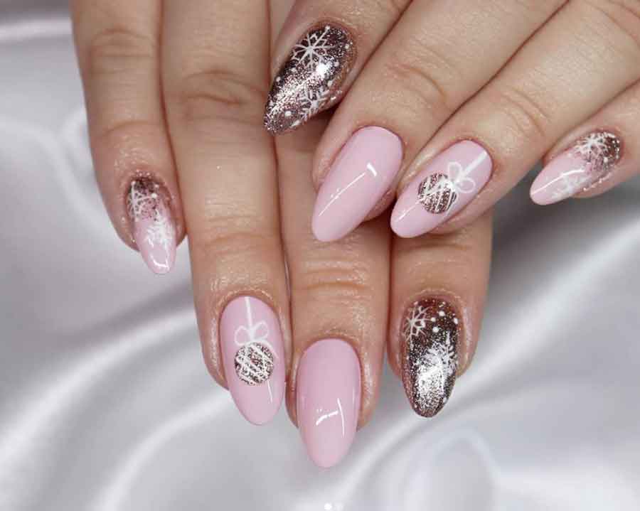 gold pink christmas nails