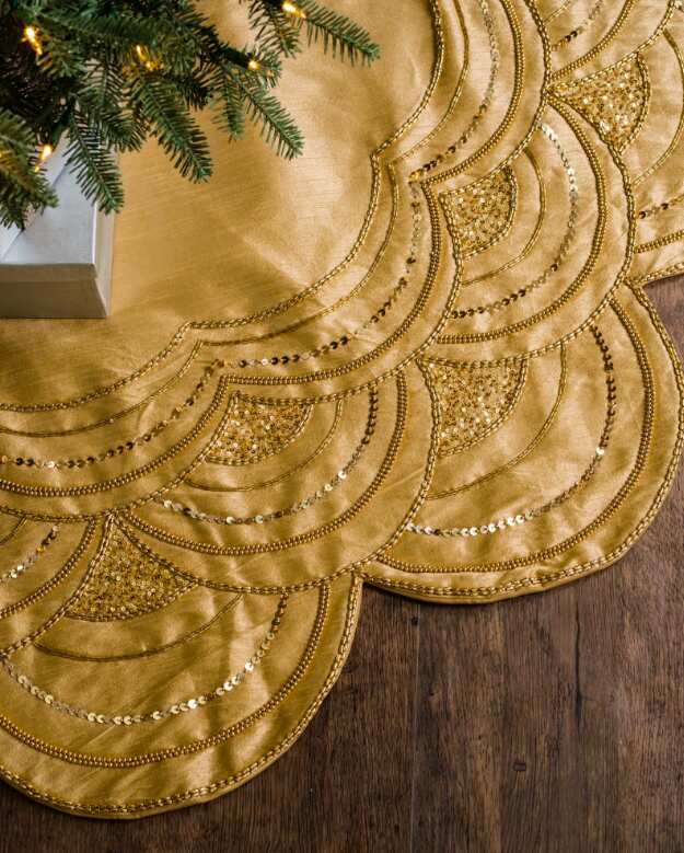 Gold Beaded Sequin Luxurious Christmas Tree Skirt