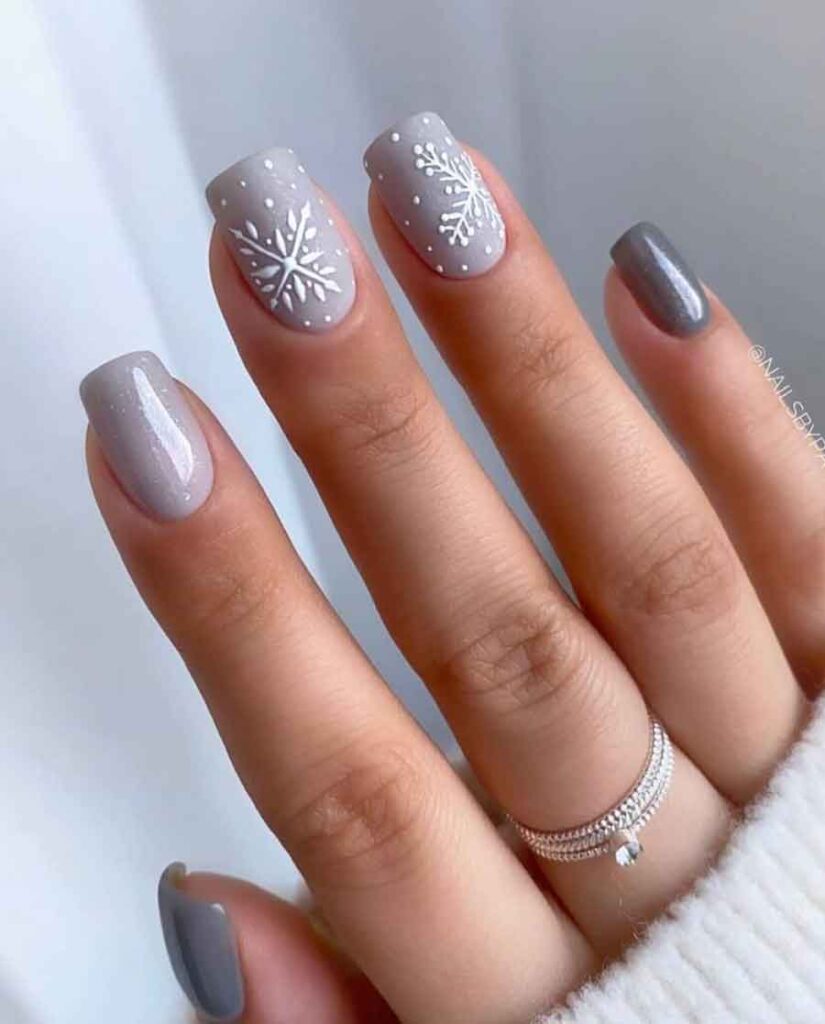 grey with white snowflake christmas nails