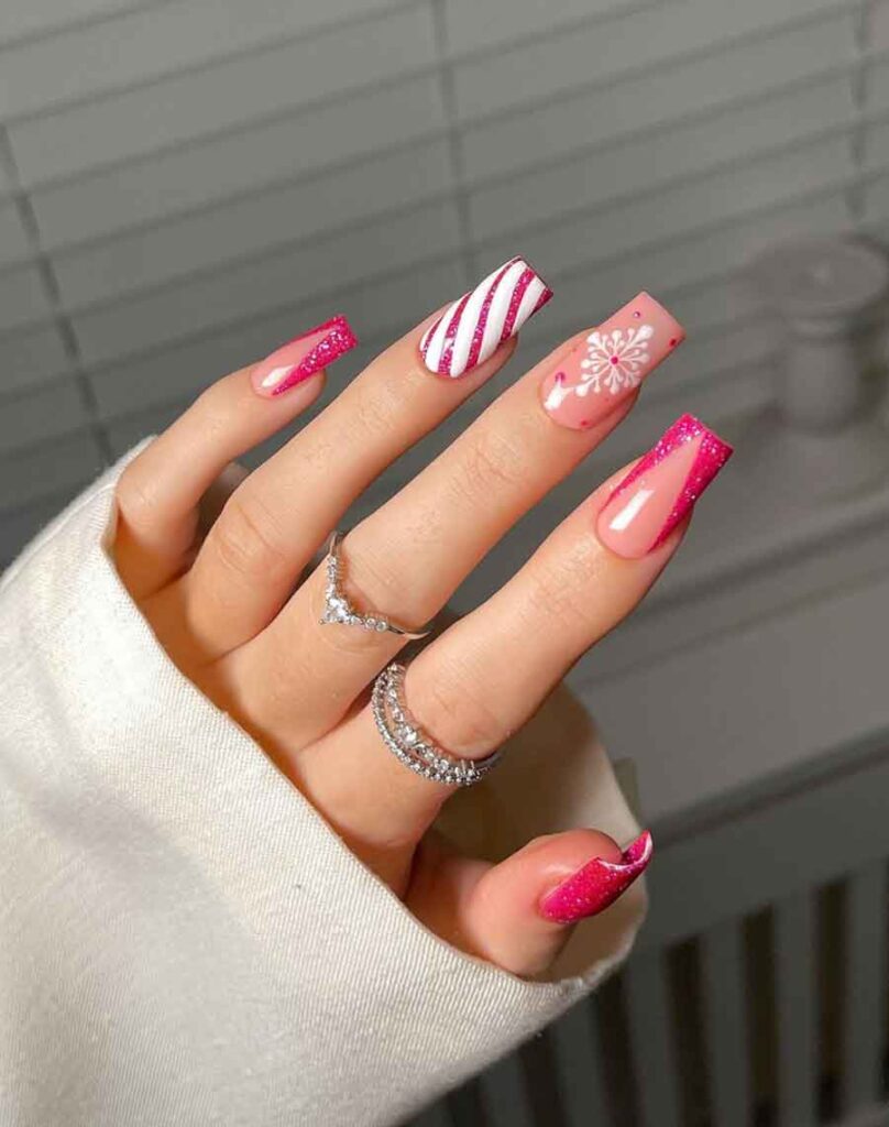 hot pink natural an white long square christmas nails