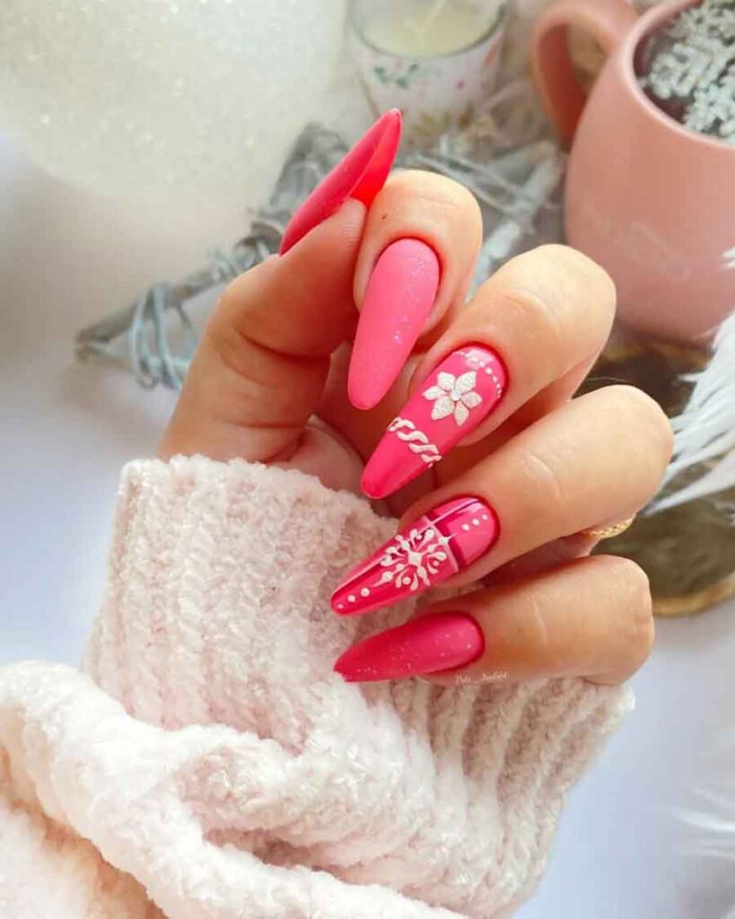hot pink long christmas nails