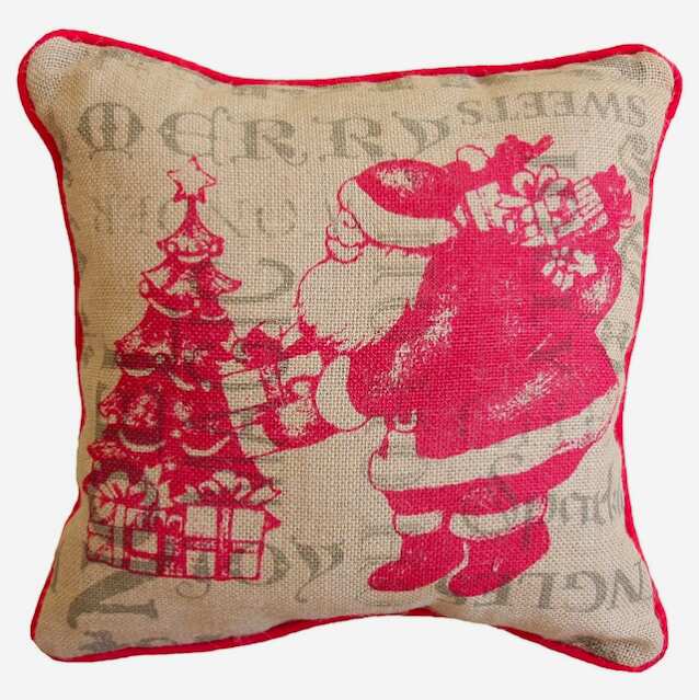 Jute Christmas Pillow With Hot Pink Santa Print