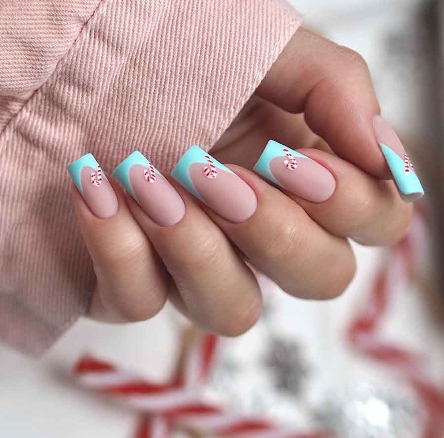 light blue square christmas nail candy cane