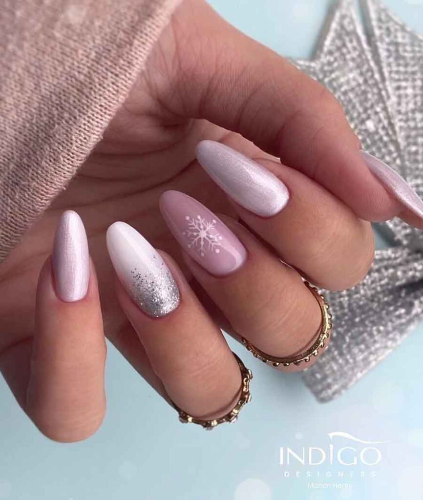 light pink and silver xmas nails