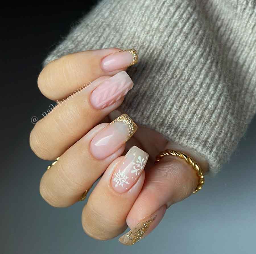 natural pink and glitter gold nails