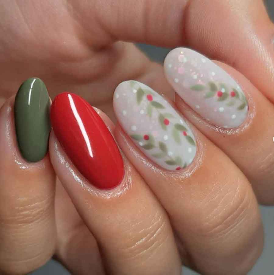 olive green red and white christmas nails