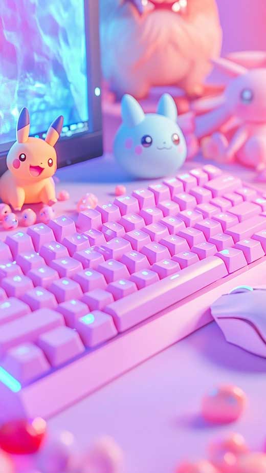 neon cute girly gamer setting purple pink pikachu wallpaper aesthetic for iphone