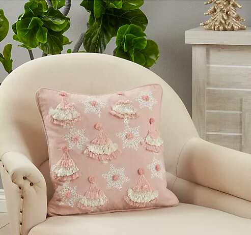 Pink Trees and Snowflakes Embroidered Throw Pillow Cover