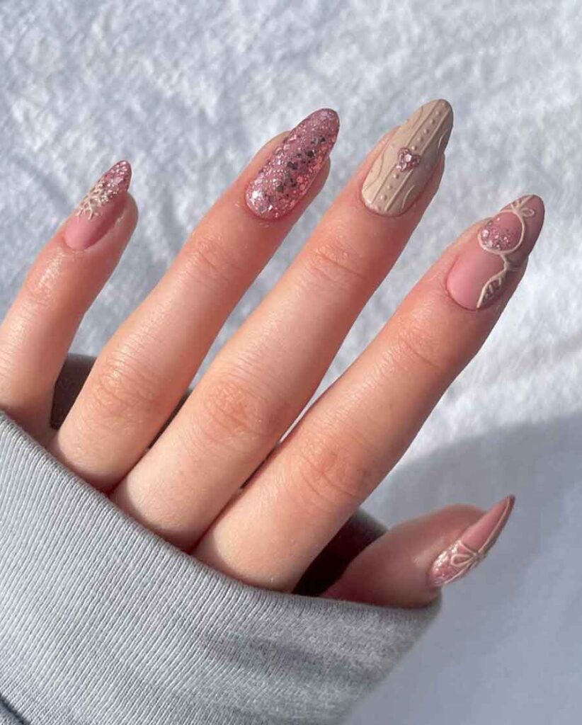 pink an beige xmas nails