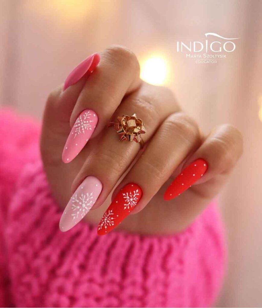 pink and red almond holiday nails