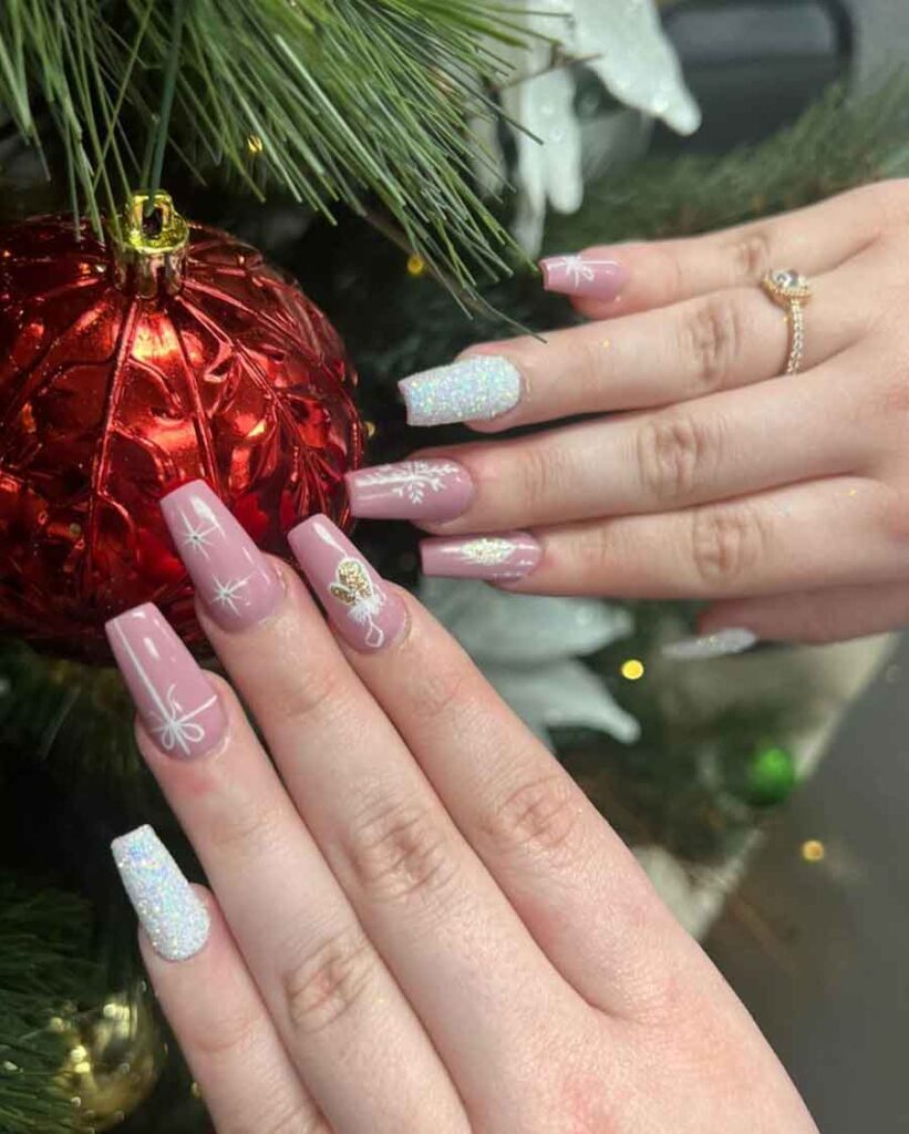 pink glitter xmas nails