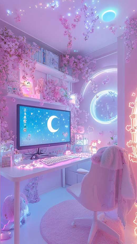 neon cute girly gamer setting purple pink pikachu wallpaper aesthetic for iphone