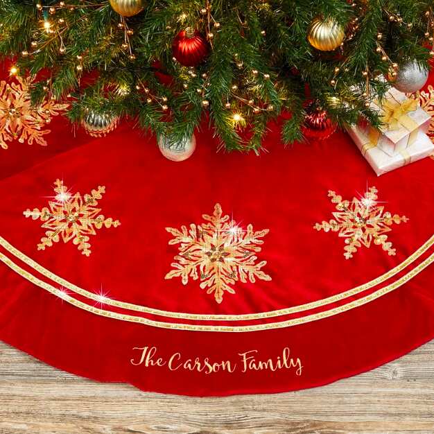 Red & Gold Glistening Snowflake Personalized Christmas Tree Skirt