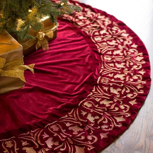 Customizable Red and Gold Luxe Embroidered Velvet Tree Skirt