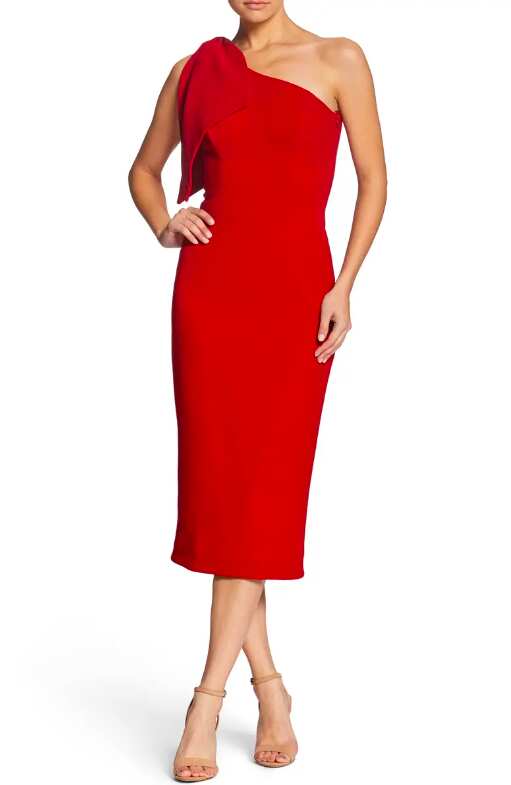 Red Classy One-Shoulder Midi Christmas Dress